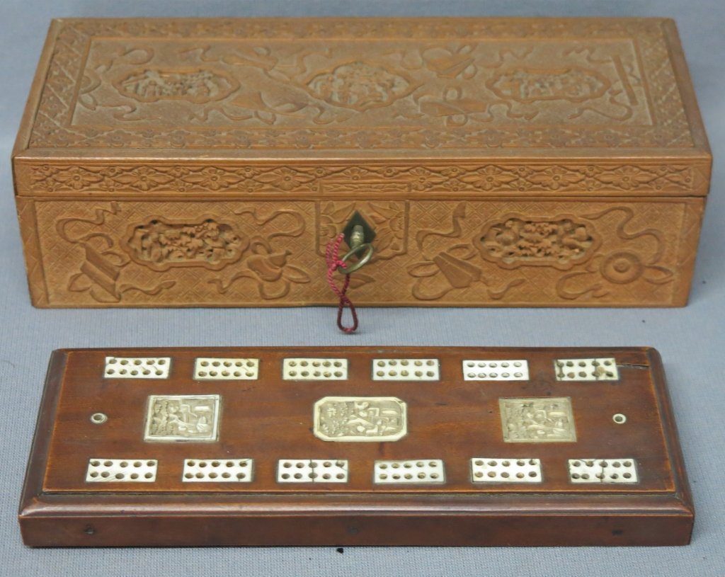 TWO PCS CHINESE CARVED WOODEN WARE:: TWO PCS CHINESE CARVED WOODEN WARE: GLOVE BOX WHICH MEASURES 9 3/4" X 3 3/4" X 2 3/4" AND A CRIBBAGE BOARD WITH BONE INLAY