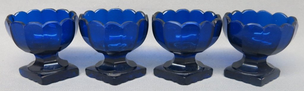 SET OF FOUR EARLY COBALT GLASS OPEN SALTS W/ CUT PANELS (1 of 2)