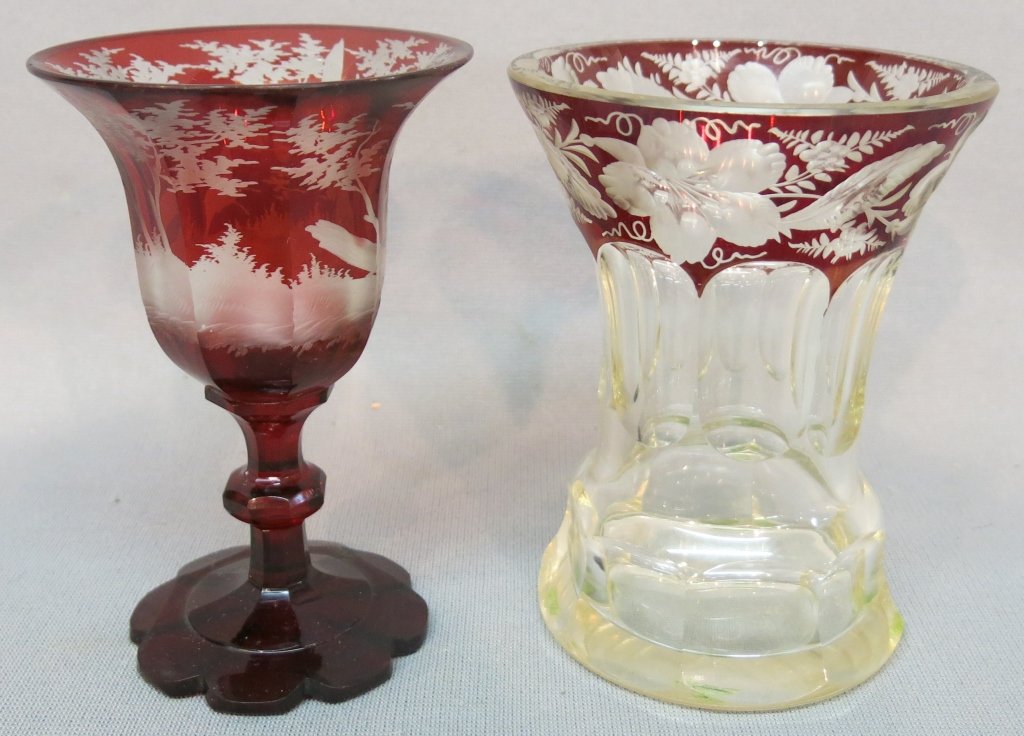 TWO PIECES BOHEMIAN RUBY FLASHED GLASS: TWO PIECES BOHEMIAN RUBY FLASHED GLASS A WINE GLASS AND A BEAKER