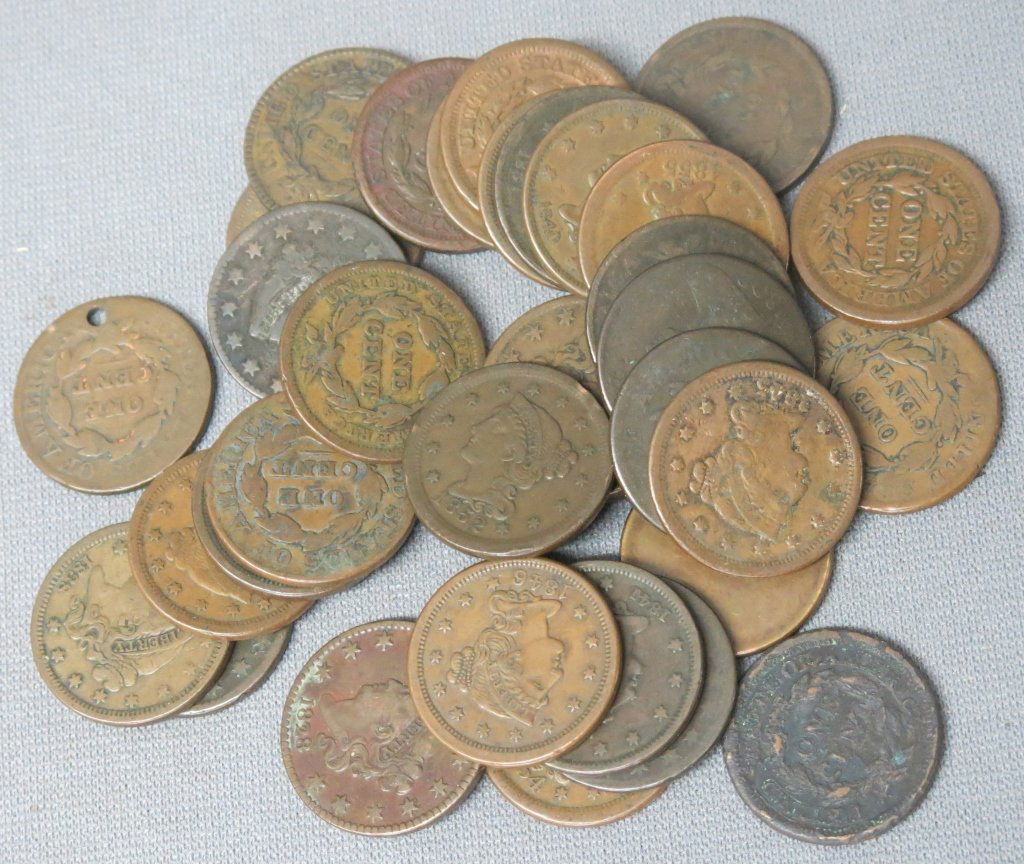 LOT OF 34 LARGE U.S. ONE CENT COINS 1802- 1856 (1 of 1)