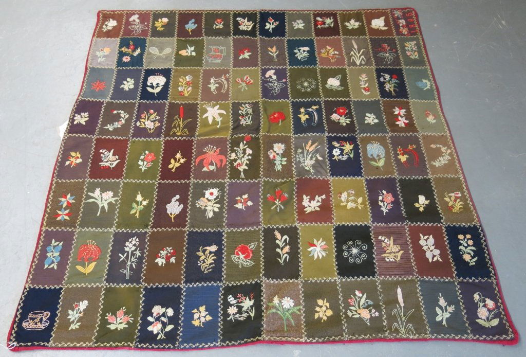 VICTORIAN EMBROIDERED WOOL PANEL QUILT DATED 1895 (1 of 3)