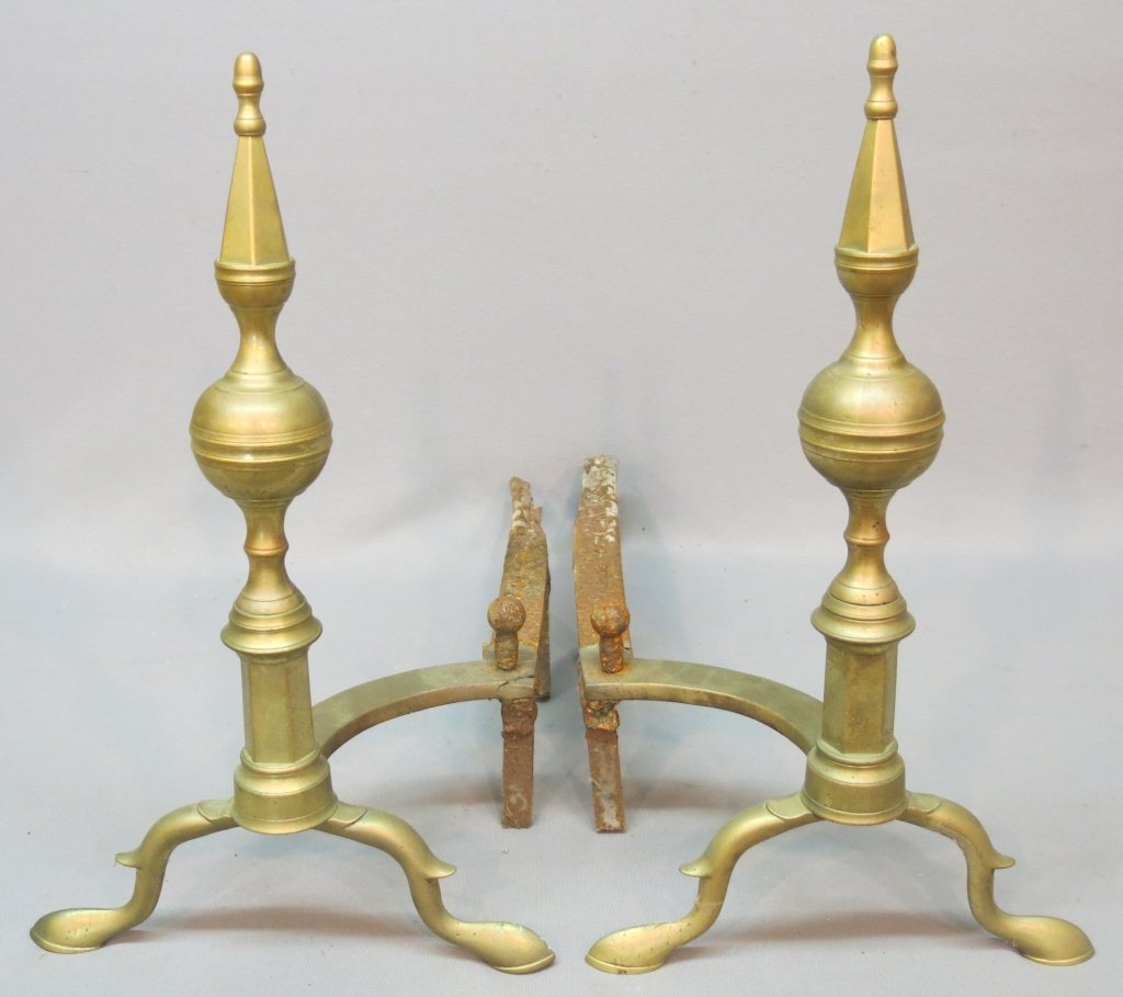 PAIR OF BOSTON FEDERAL BRASS STEEPLE TOP ANDIRONS (1 of 7)