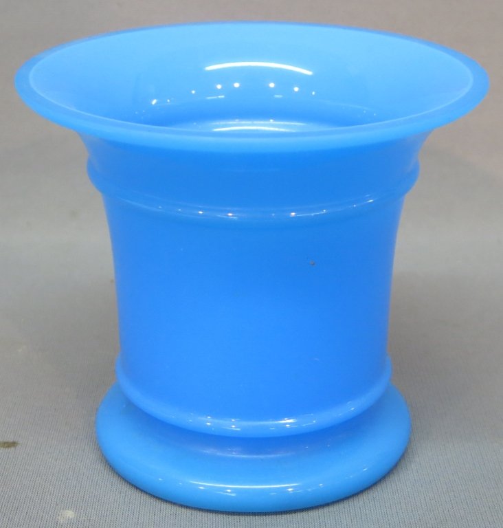 FRENCH BLUE OPALINE GLASS VASE WITH FLARED RIM: FRENCH BLUE OPALINE GLASS VASE WITH FLARED RIM 5 3/4" TALL X 6 1/2" DIA.; (RIM CHIP)