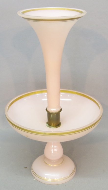 CLAMSBROTH GLASS EPERGNE IN RARE PINK COLOR: CLAMSBROTH GLASS EPERGNE IN RARE PINK COLOR 18" TALL; (CHIP)