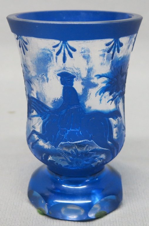 COBALT BLUE CAMEO CUT ART GLASS BEAKER: 5" TALL