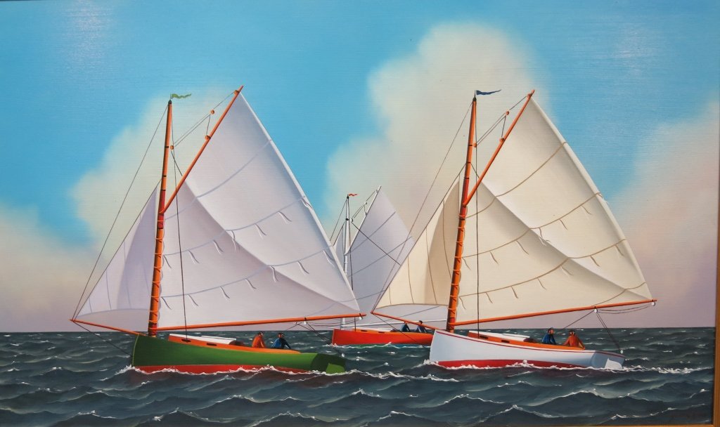 JEROME HOWES OIL PAINTING OF CATBOATS: OIL ON MDF; 18" X 30"; 20TH C. AMERICAN