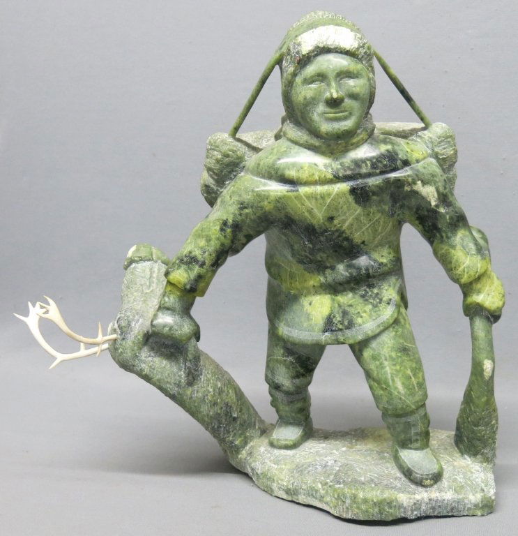 LARGE INUIT STONE CARVING OF A HUNTER AND DEER (1 of 4)