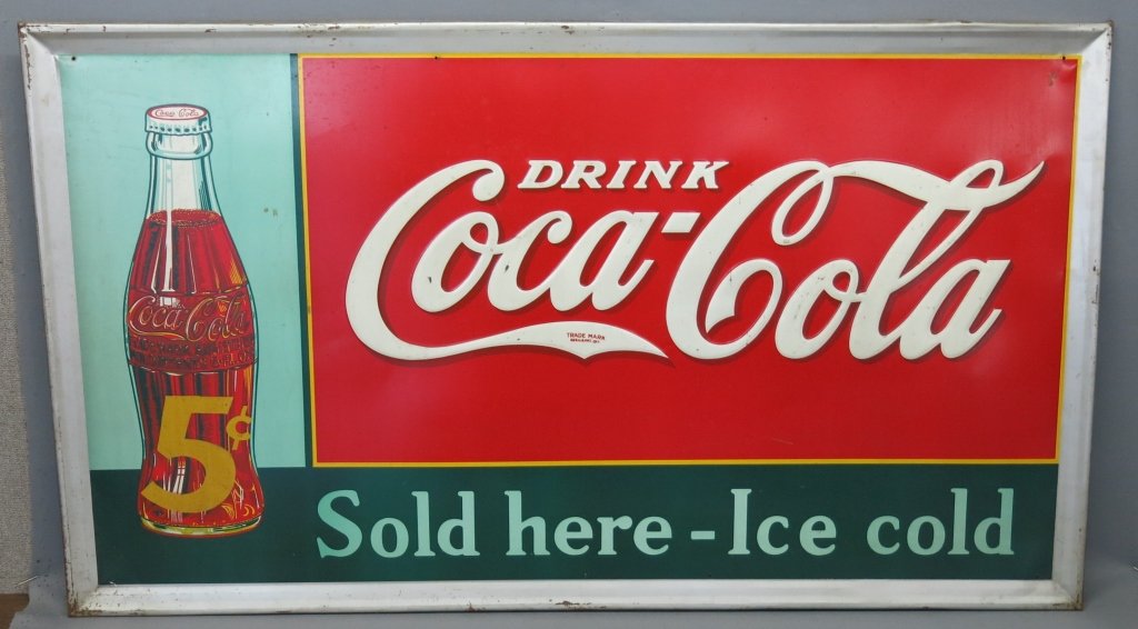 LARGE VINTAGE EMBOSSED TIN 5-CENT COCA-COLA SIGN (1 of 3)