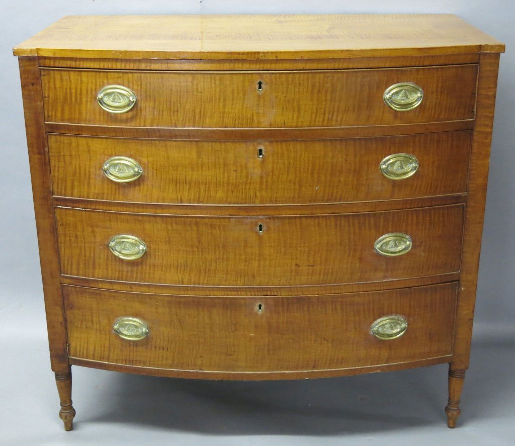 SHERATON BOWFRONT TIGER MAPLE CHEST, SIGNED (1 of 6)