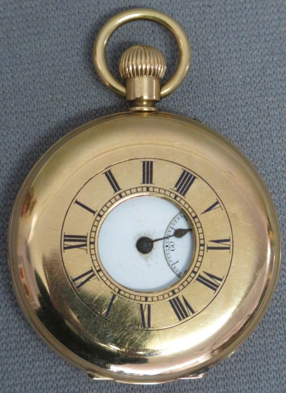 18K HALF HUNTER POCKET WATCH BY JOHN BENNETT: LONDON; 2" DIA.; AS FOUND: TWO HANDS AND GLASS ARE MISSING, NOT CURRENTLY RUNNING