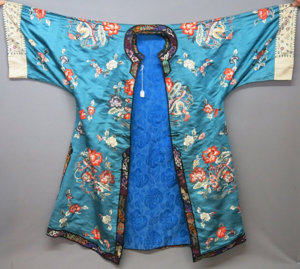 BLUE CHINESE SILK EMBROIDERED ROBE, EARLY 20TH C.? (1 of 4)