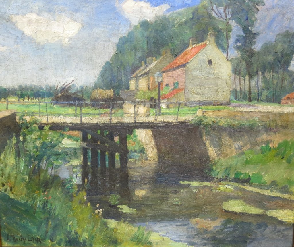 LEO MECHELAERE PAINTING OF BELGIAN CANAL SCENE: OIL ON CANVAS; 21 1/2" X 25 1/2"; BELGIUM/GERMANY 1880-1964