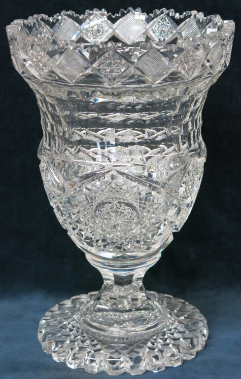 AMERICAN BRILLIANT CUT GLASS PEDESTAL VASE: 11" TALL, ONE 'SAW TOOTH' DAMAGED