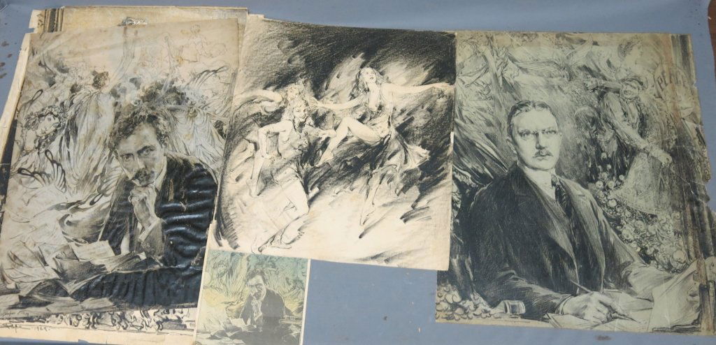 LOT OF TEN ORIGINAL ERIC PAPE PORTRAITS: NOTABLE THINKERS, PERFORMERS, ETC., SOME AS IS