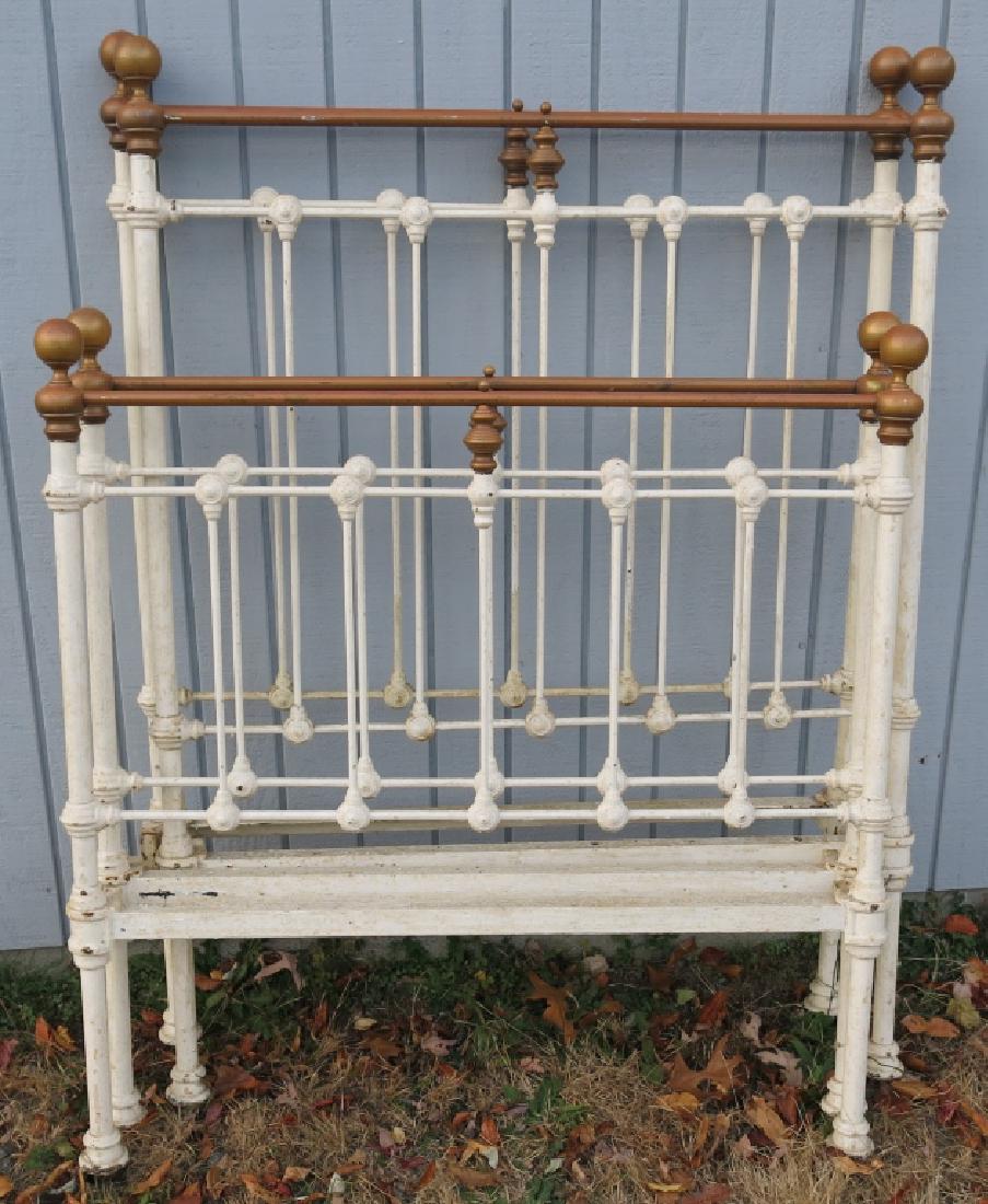 PAIR OF ANTIQUE CAST IRON AND BRASS TWIN BEDS: PAIR OF ANTIQUE CAST IRON AND BRASS TWIN BEDS WITH ORIGINAL RAILS