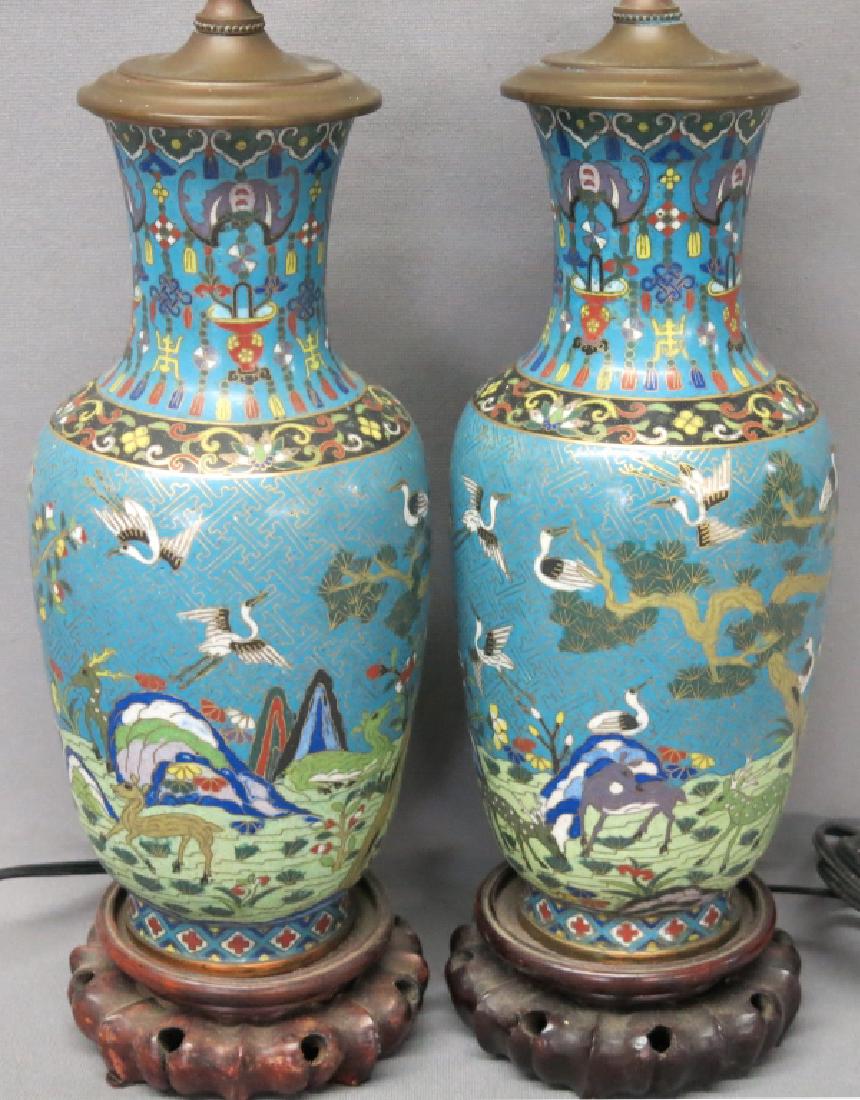 PAIR OF CHINESE CLOISONNE VASES MADE INTO LAMPS (1 of 5)