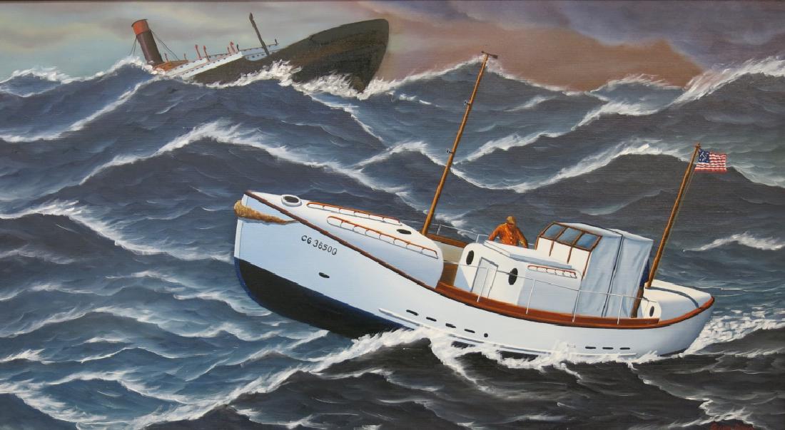 JEROME HOWES OIL PAINTING OF THE CUTTER CG-36500: JEROME HOWES OIL PAINTING OF THE CUTTER CG-36500 THE VESSEL MADE FAMOUS BY ITS RESCUE OF THE SHIPWRECKED 'PENDLETON' AS TOLD IN THE DISNEY FILM "THE FINEST HOURS"20" X 36"; OIL ON MASONITE?; 20TH C. A