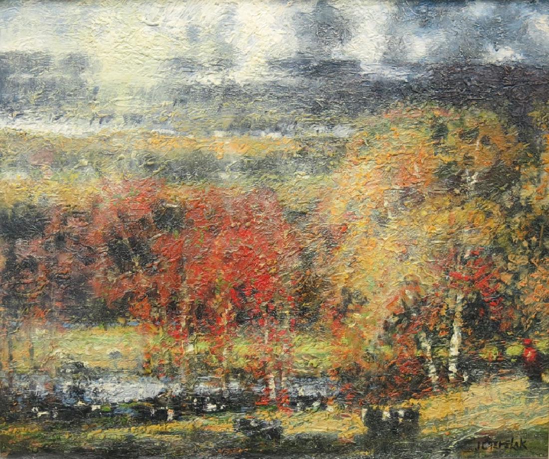 JOHN TERELAK OIL PAINTING OF "GRAZING COWS": JOHN TERELAK OIL PAINTING OF "GRAZING COWS" ON CANVAS MOUNTED ON FOAMCORE BY THE ARTIST; 20" X 24"; NY/MA 1942