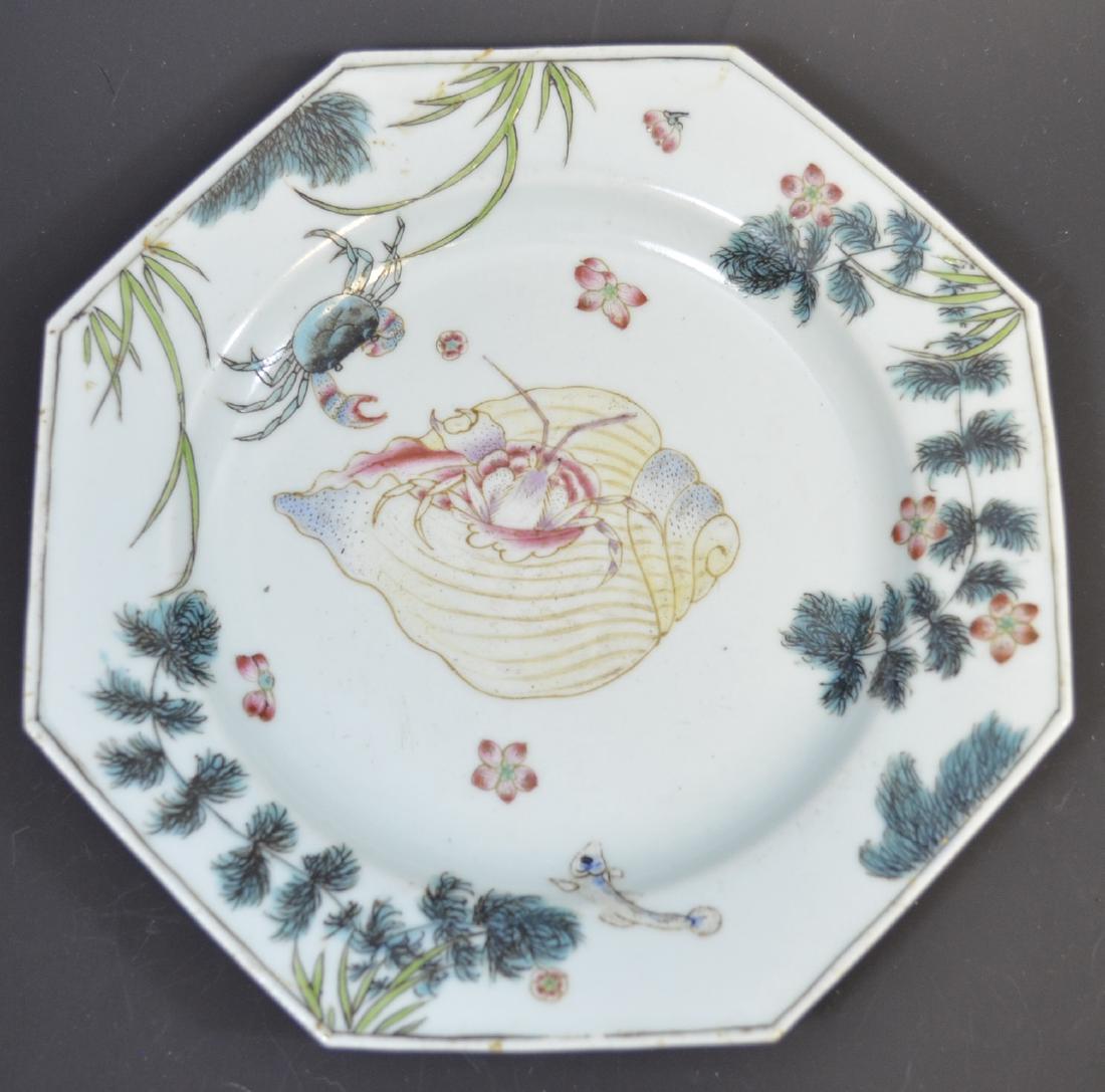 19 th Century Chinese Export Famille Rose Plate: A Chinese Famille Rose plate decorated with large a large seashell and other creatures, from the early 19th Century. This plate is 8.5 inches wide, in excellent condition with minor gild loss. This lo