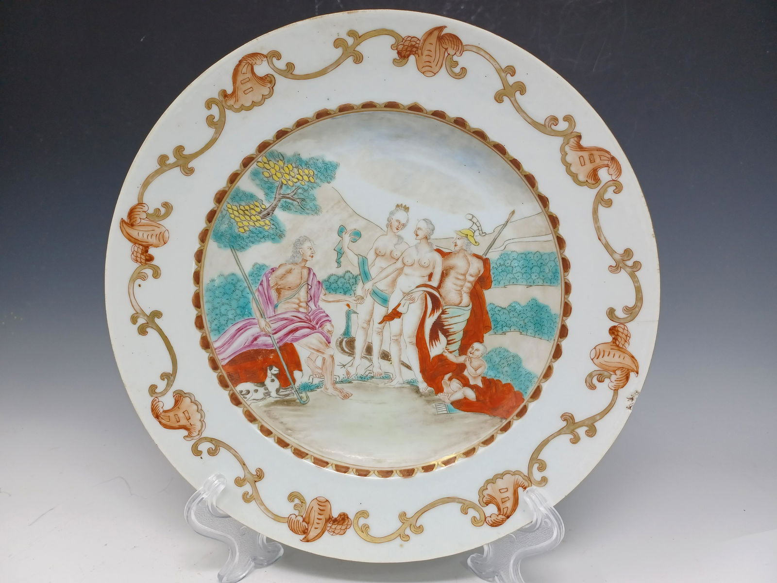 Rare Chinese Export Famille Rose Plate, Judgment of (1 of 4)