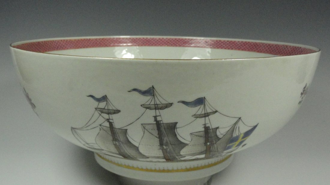 Large 19th Century Chinese export punch bowl.: A Chinese export punch bowl painted with a trade ship with a Sweden flag, from the 19th Century. This large punch bowl is 11 inches wide and 4.5 inches tall, in excellent condition with minor enamel l