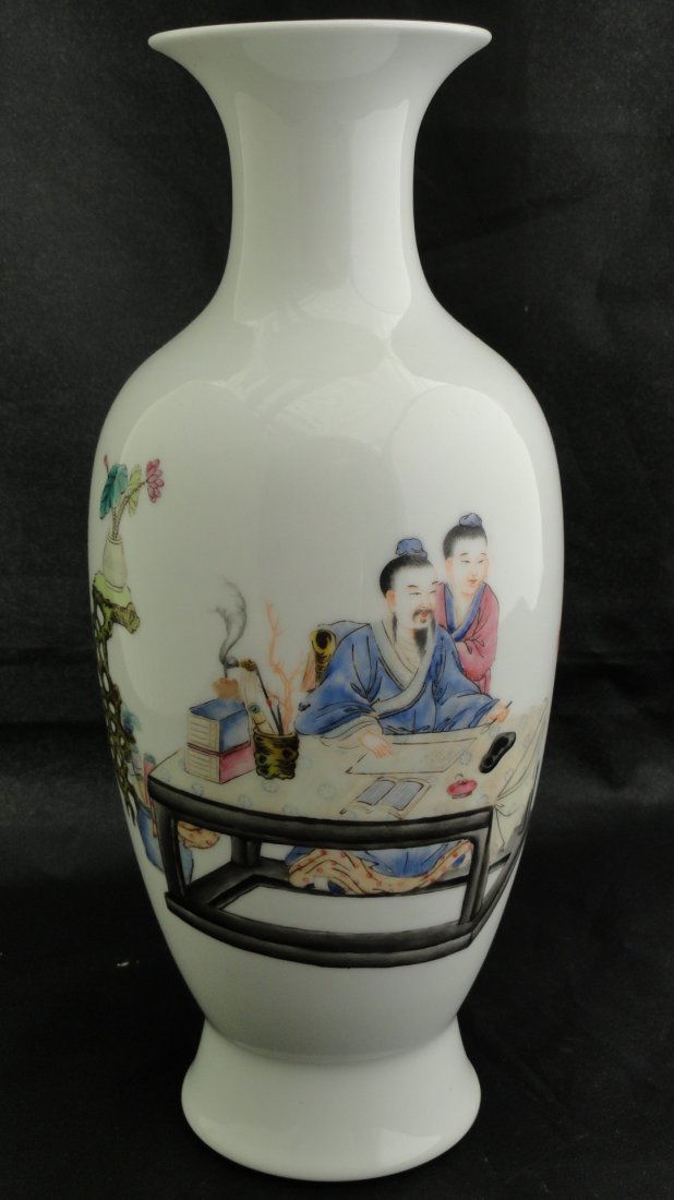 013: Fine Chinese Famille Rose Vase from early Republic: A Chinese vase decorated in fine famille rose enamels to show a scholar painting a scroll with his servant by his side, signed Republic from the early 1900's. This vase measures 10 inches tall and 4 i