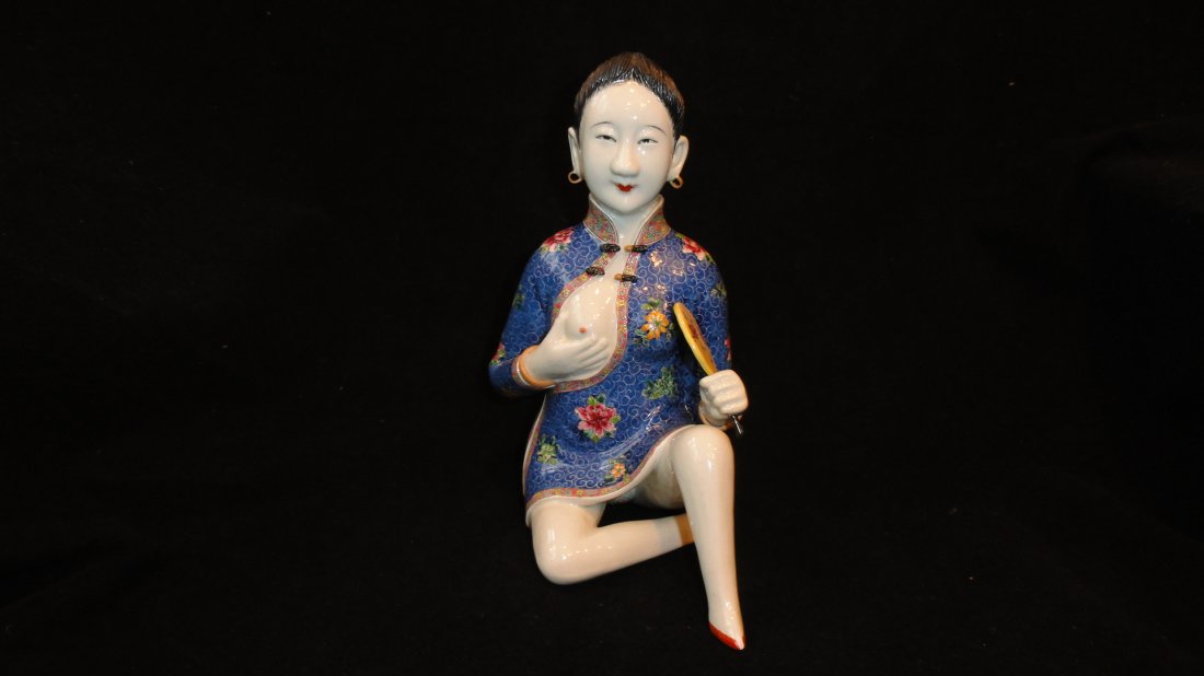 Fine Erotic Sculpture of Noble Woman Early 1900's.: A fine Chinese Erotic sculpture of a noble lady, with her cloth decorated in the famille rose pallet and holding a handkerchief, from the early 1900's. This sculpture is 7 inch tall and 4.5 inch wide