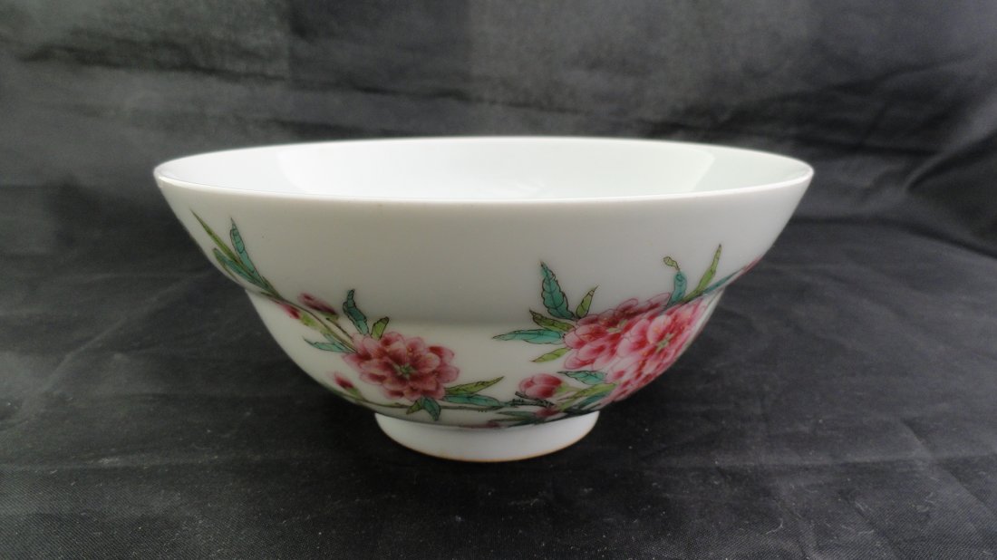 Antique Chinese Famille Rose bowl Hall mark: A fine Chinese Famille Rose bowl decorated with cherry flower branches and butterflies, signed in iron red at the underside, from the early 1900's. The bowl is 5.3 inch wide and 2.7 inch tall, in exce