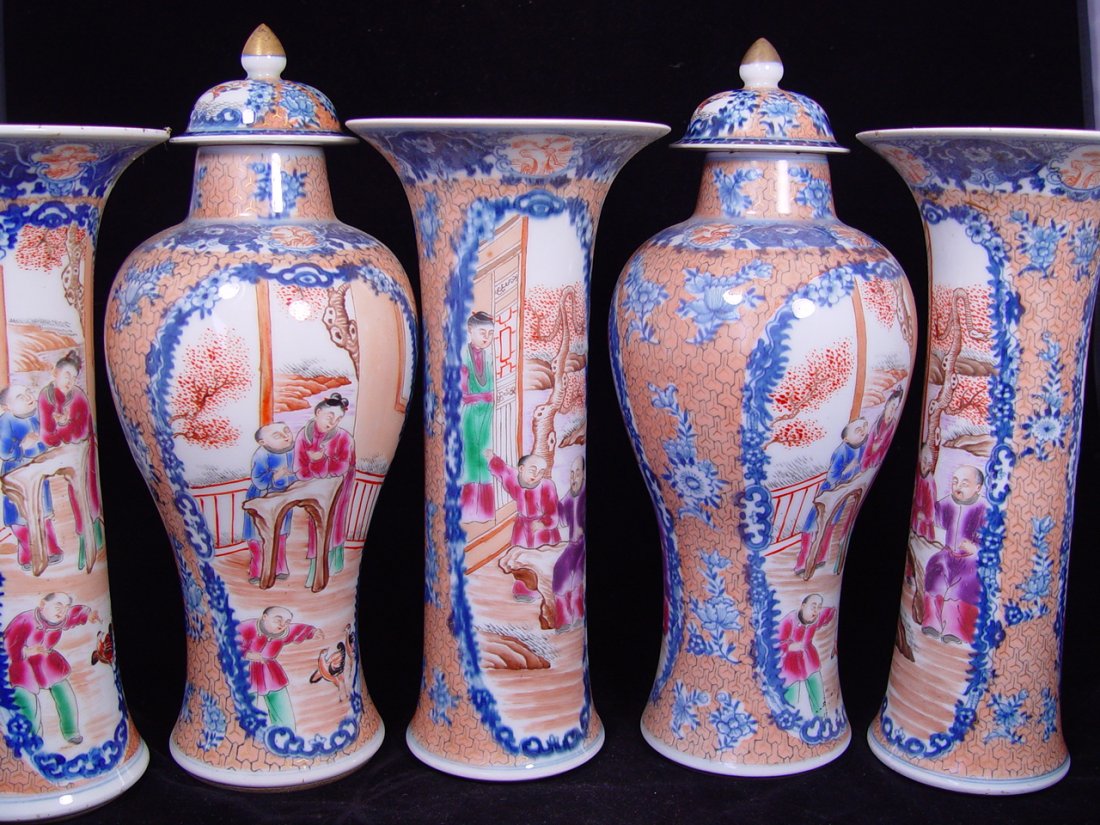 Antique Chinese Rose Mandarin Altar Set 5 pieces: This Chinese altar set consists five vases complete with the lid decorated with mandarin scenes. These vases are 10 inches tall, in excellent condition with minor gild and enamel loss. This lot costs 