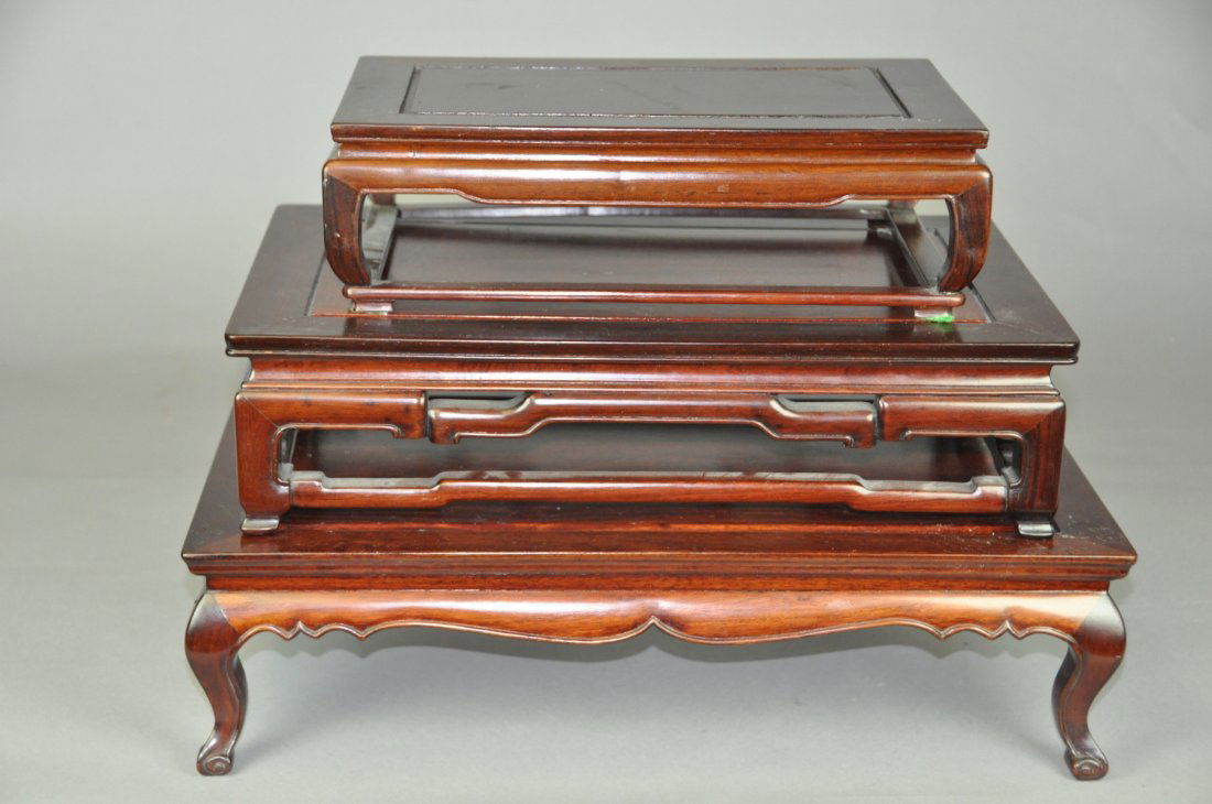 Set of Three The Republic of China Rosewood Stacki: Set of Three The Republic of China Rosewood Stacking Stands 民國紅木三件套幾座 Set of three stacking rosewood stand from the Republic of China. Bi