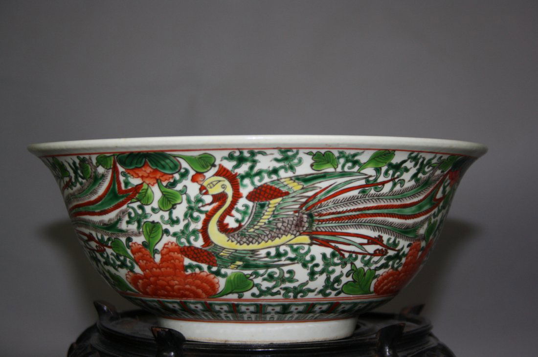 17th - 18th Century Famille Noir Porcelain Phoenix: 17th - 18th Century Famille Noir Porcelain Phoenix Big Bowl Underglaze-Blue JIAQING Six-Character Mark Within A Double Circle Porcelain bowl painted with floral and phoenix patterns. Tall: 11.3cm and