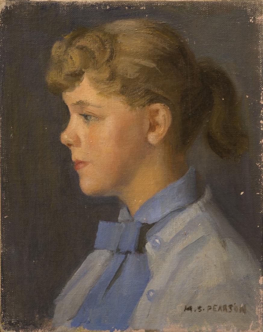 Marguerite S. Pearson 1898-1978 Girl In Blue: oil on canvasboard signed 10 x 8