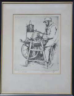 William Meyerowitz 1887-1981 Knife Grinder: etching signed 8 x 6.25