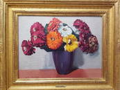 Jane Peterson 1876-1965 Nine Zinnias In Purple Vase