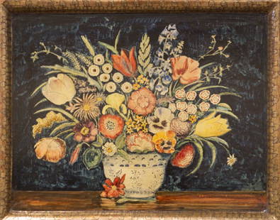 Max Kuehne 1880-1968 Floral Panel: mixed media on wood signed 14.25 x 18.25