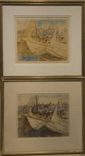 William Meyerowitz 1887-1981 Gloucester Harbor -: Gloucester Harbor - Morning & Early Evening signed pair of colored etchings 8 x 9.75 each (edition of only 7 impressions)