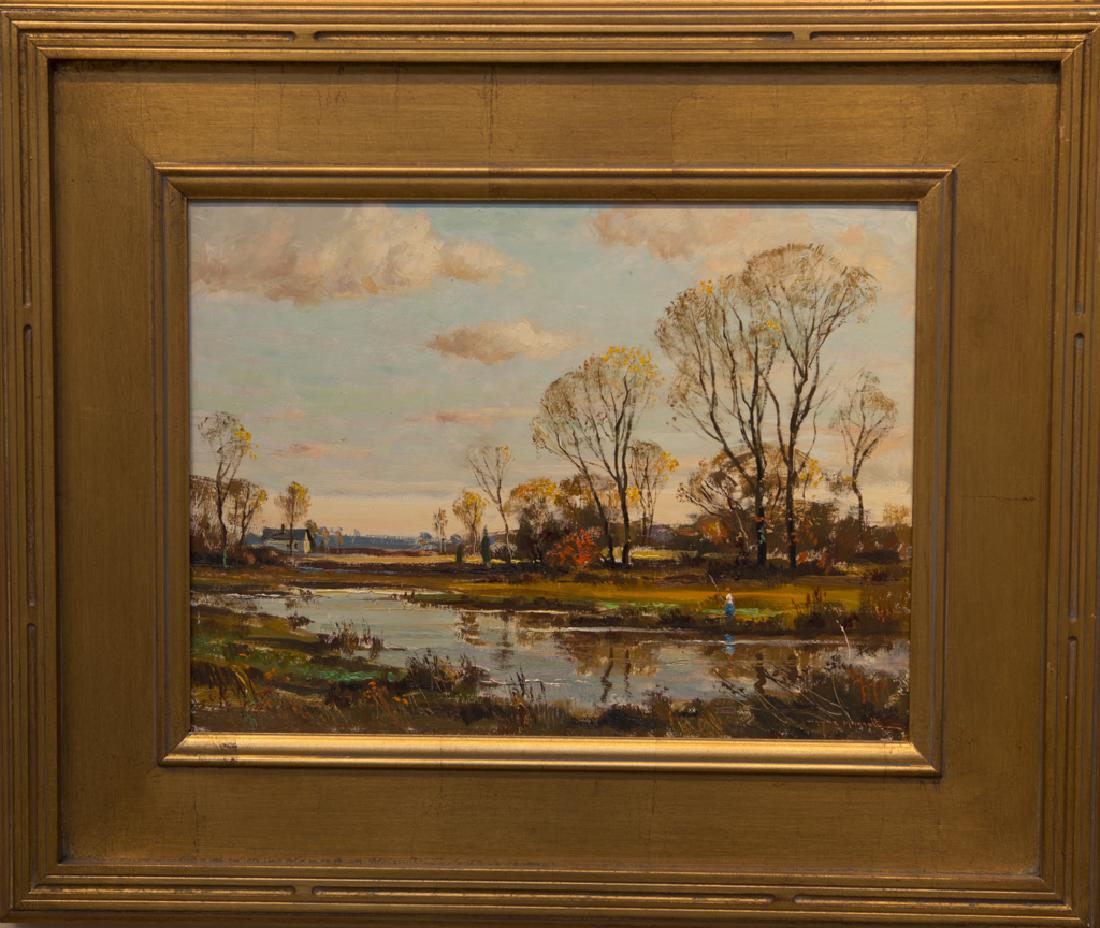 Wayne Morrell 1923-2013 Autumn Fishing: Autumn Fishing signed oil on Masonite 12 x 16