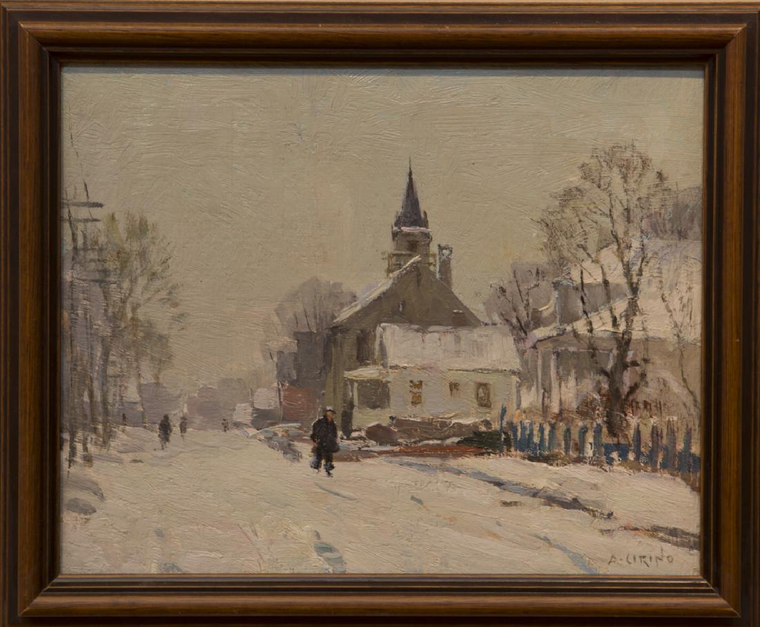 Antonio Cirino 1888-1983 Snowy Day Walk: Snowy Day Walk signed oil on canvas mnt. on board 8 x 10