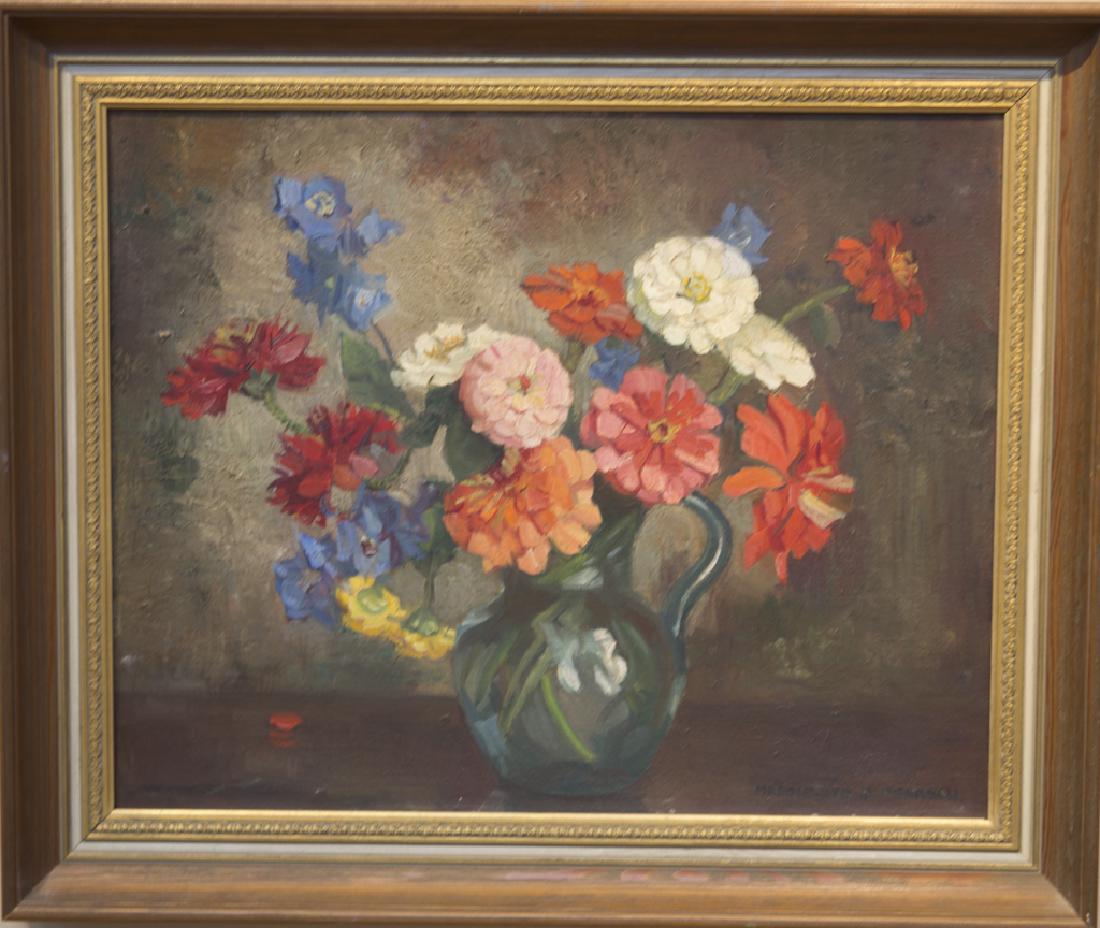 Marguerite S. Pearson 1898-1978 Zinnias in Mexican: Zinnias in Mexican Glass signed (l.r.) oil on canvasboard 16 x 20