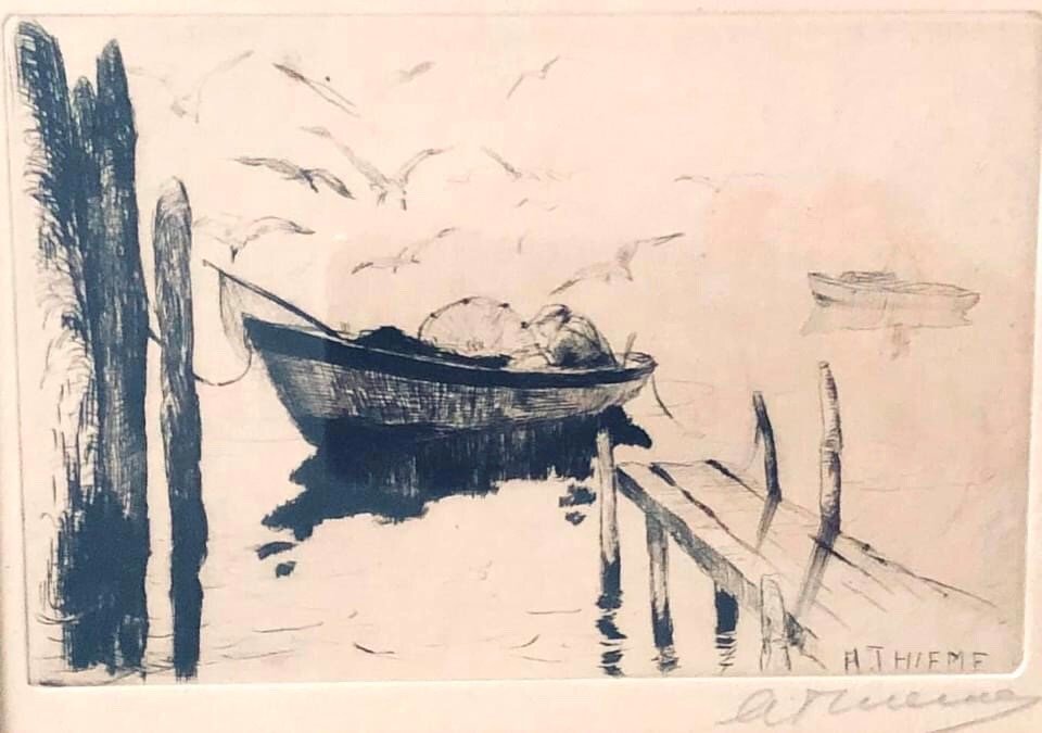 Anthony Thieme 1888-1954 Fishing Dory: etching 3.5 x 5.25 signed