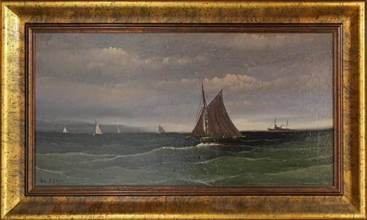 William Merritt Post (1856-1935) Autumn River Sailing: William Merritt Post (1856-1935) Autumn River Sailing oil , 10 x 20 in., signed l.l.