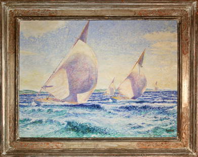 Max Kuehne (1880-1968) Spinnakers: Max Kuehne (1880-1968) Spinnakers oil on board, 25 x 33 in., signed l.r. (Max Kuehne hand-carved frame)