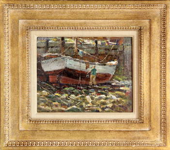 Antonio Cirino (1888-1983) Boat Repair, Low Tide: Antonio Cirino (1888-1983) Boat Repair, Low Tide oil on board, 8 x 10 in., signed l.r.