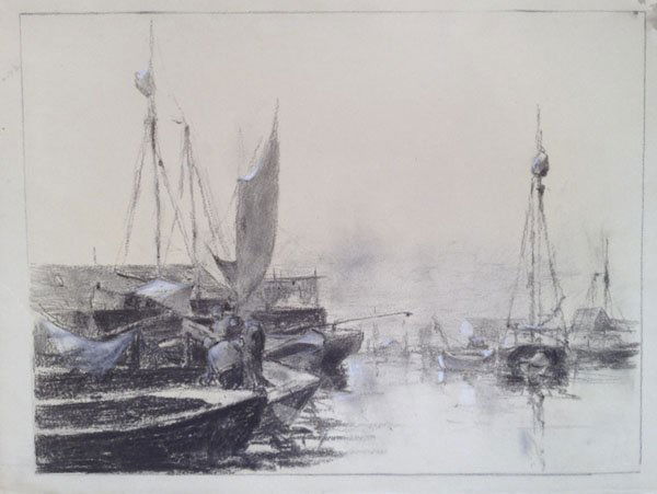 Attributed to Stephen Maxfield Parrish Gloucester: Artist: Attributed to Stephen Maxfield Parrish Title: Gloucester Harbor ca.1880 Dates: (1846-1938) Estate Stamped by Maxfield Parrish, Not Signed Medium: Crayon & China White Size: 13x17-1/2