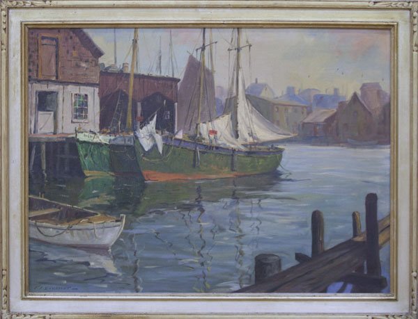 J.J. Enwright Cape Ann Dock Scene": Artist: J.J. Enwright Title: Cape Ann Dock Scene Dates: (1911-2001) Signed Medium: Oil/Canvas Size: 28x37-1/2