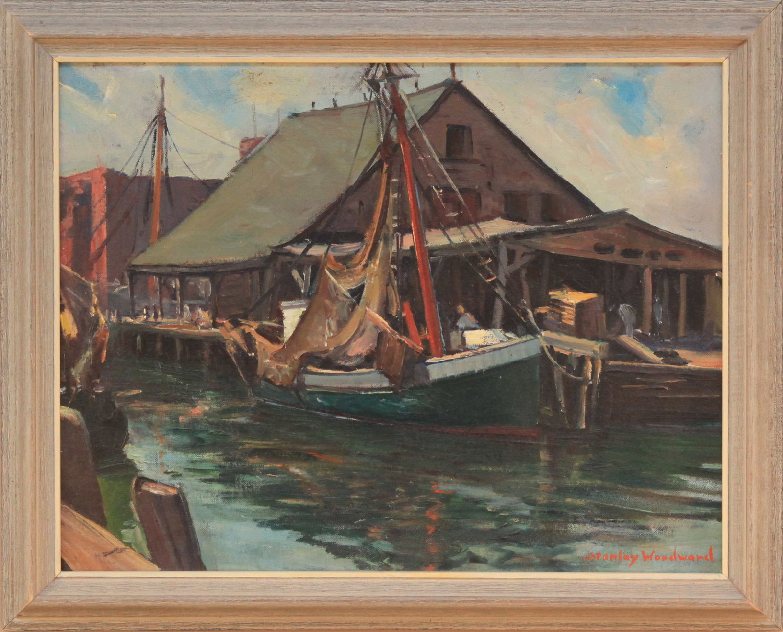 Stanley W. Woodward (1890-1970) East Gloucester Pier Fishing Boat: Stanley W. Woodward (1890-1970) East Gloucester Pier Fishing Boat oil on canvas board, 13.5 x 17.5 in., signed l.r.