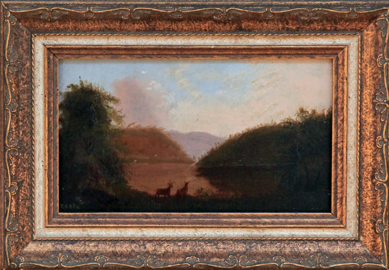 T. Cole (19th Cent.) Deer Near the Lake: T. Cole (19th Cent.) Deer Near the Lake oil on board, 5.75 x 9.5 in., signed l.l.