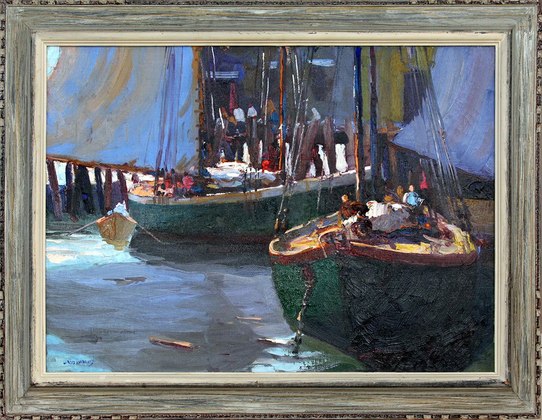 John Whorf (1903-1959) Harbor - Sailboats at Dock: John Whorf (1903-1959) Harbor - Sailboats at Dock oil on canvas, 22 x 30 in., signed l.l. framed size: 28 x 36.25 x 2 in.