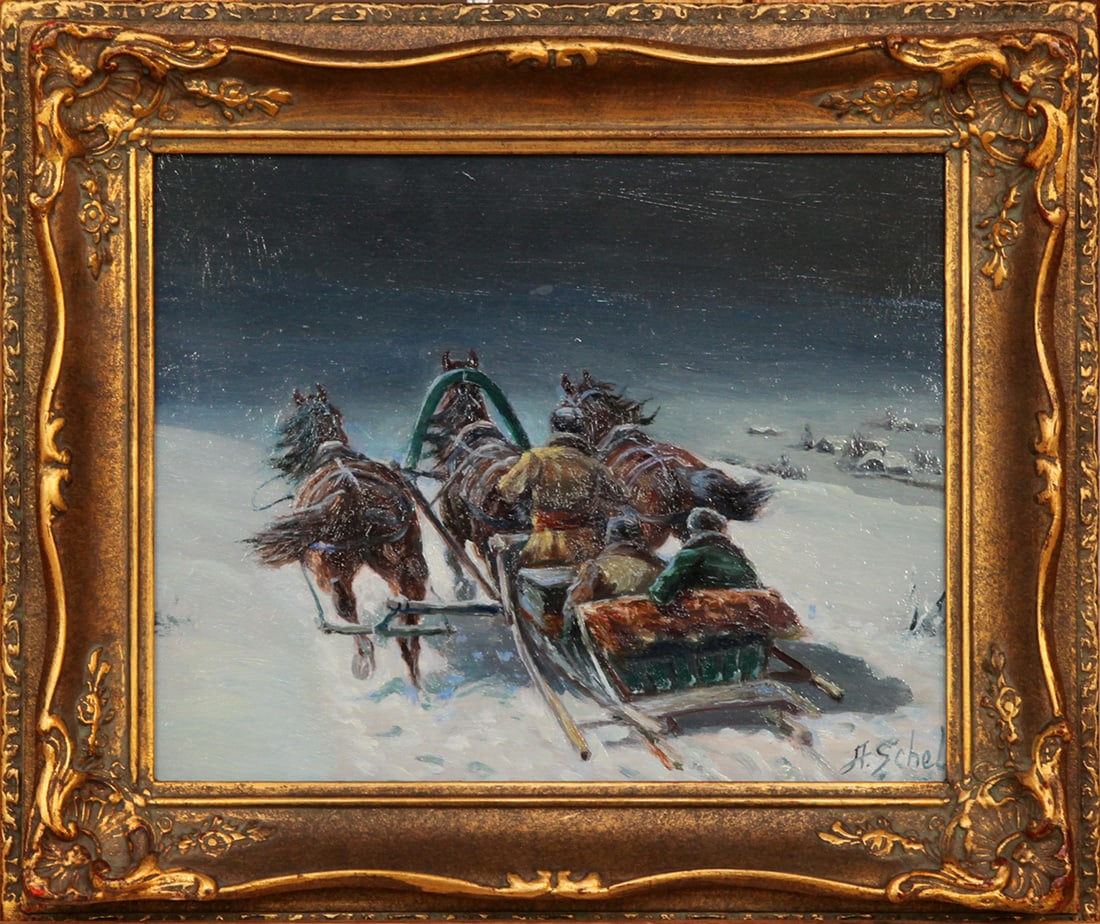 Attrib. to Athanasei Scheloumoff (1892-1983) Winter Sleighride: Attrib. to Athanasei Scheloumoff (1892-1983) Winter Sleighride oil on board, 7.75 x 9.75 in., signed l.r. (A. Schel) framed size: 11 x 12.75 x 1.5 in.