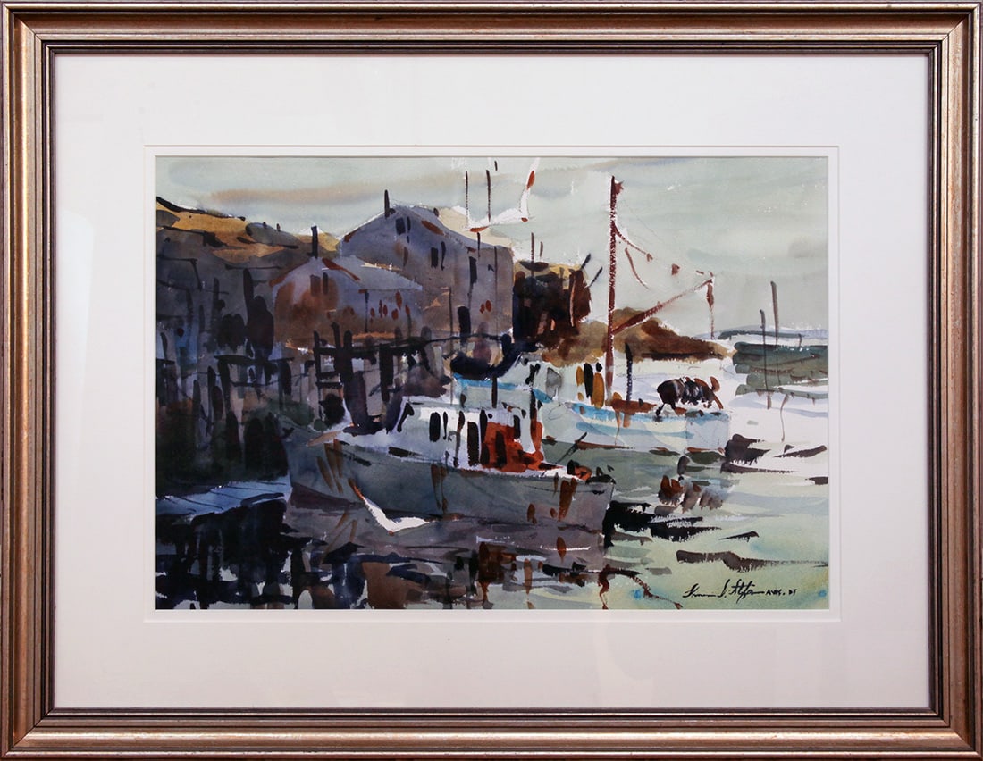 Domenic DiStefano (1924-2011) Pigeon Cove Harbor: Domenic DiStefano (1924-2011) Pigeon Cove Harbor watercolor, 14.25 x 21 in., signed l.r. framed size: 23.5 x 30.5 x 1.5 in.